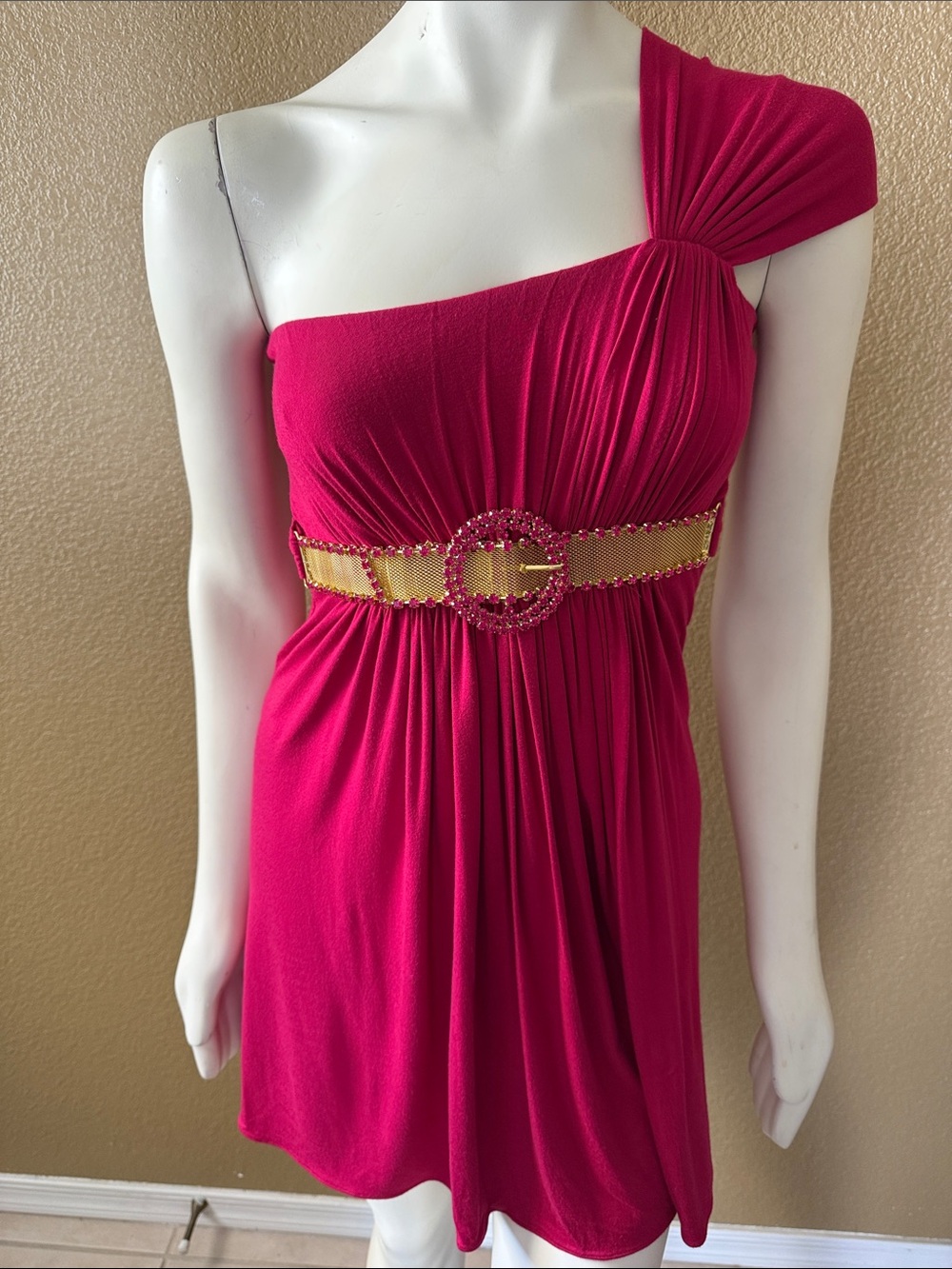 Sky One-Shoulder Fuchsia Dress with Gold Accent Belt